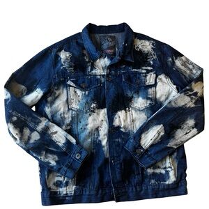 Lion Dynasty Blue Paint Splatter Denim Jacket XXL Streetwear Style Tie-Dye Look!